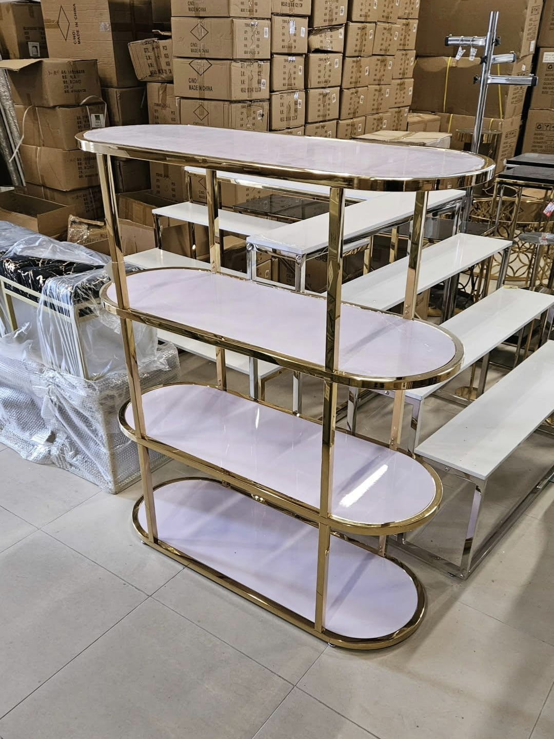 Estanteria dorado 4 baldas con madera color blanco-Rt-176